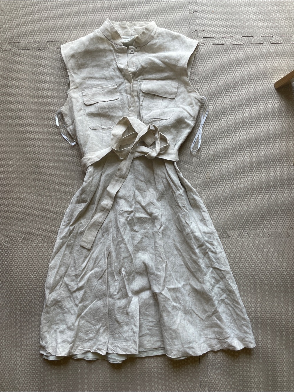 Calvin Klein Vintage Sleeveless Linen Tie-Waist Dress Fully Lined in Light Beige